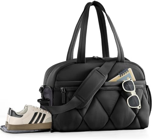 Lekespring Gym Bag for Women 25L Travel Waterproof Weekend Overnight Holdall Underseat Cabin Bag Carry on for EasyJet with Shoe Compartment, Black