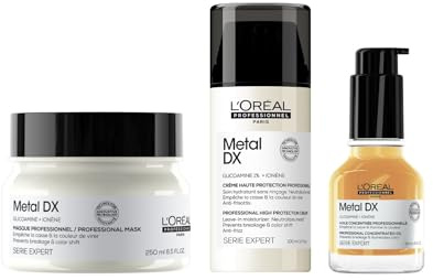 L'Oréal Professionnel Pflegetrio für alle Haartypen, beugt Haarbruch & Farbveränderungen vor, Anti-Frizz, Hitzeschutz, Mit Glicoamin, Serie Expert, Metal DX Haarmaske, Öl & Leave-In Cream