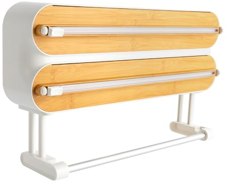 3 in 1 Wandrollenhalter Magnetischer Folienschneider Frischhaltefolie Schneider für Frischhaltefolie Alufolie Backpapier (Bambus)