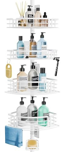SWTYMIKI Telescopic Shower Caddy Corner - Rustproof Shower Corner Shelves with Towel Bar & Soap Holder, Adjustable No Drilling Organizer for Bathroom Storage With 4 Baskets,27.6-108.3 inch, White
