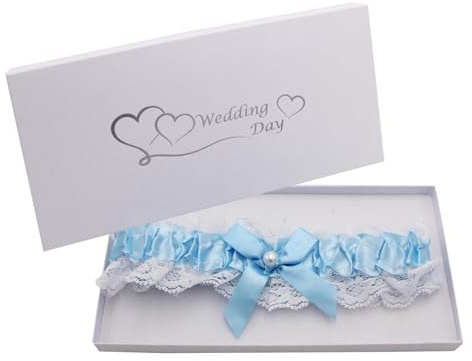 Widdle Gifts Liga de boda en caja de regalo para novia, satén azul con encaje blanco y cuentas de perlas