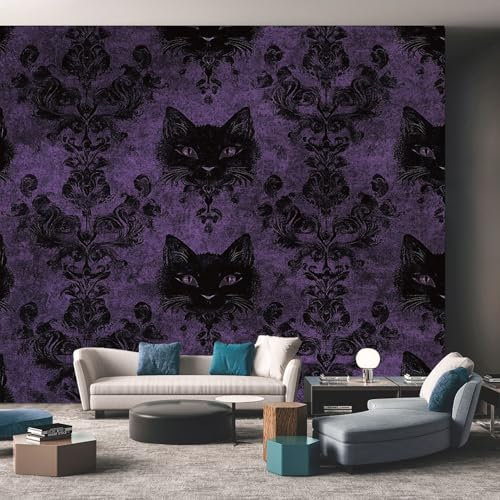 Purple Black Cat Mural Wallpaper, Baroque Gothic Damask Wall Murals, for Bedrooms, WallMural Art Decor 200cmx140cm, Wall Decoration Paper Poster