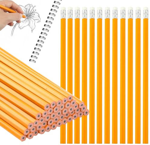 48pcs HB Pencils with Rubber, Black Lead Bulk Pencils, Non-Slip Kids Pencil | Hexagon Yellow Wooden Pencil, Smooth Writing & Drawing, for Writing Drawing Sketching