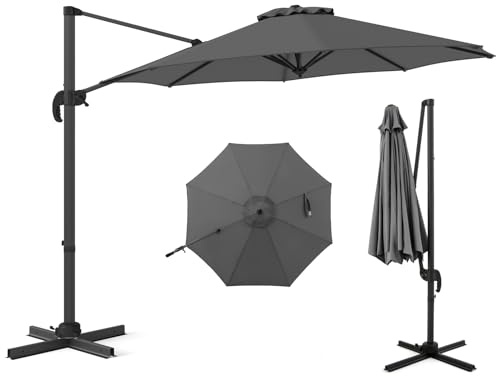 COSTWAY Ombrellone a Cantilever da Giardino 294 cm, Rotazione 360° e 5 Angoli Regolabili, 8 Stecche Base a Croce, Impermeabile, per Cortile Piscina Esterno(Grigio)