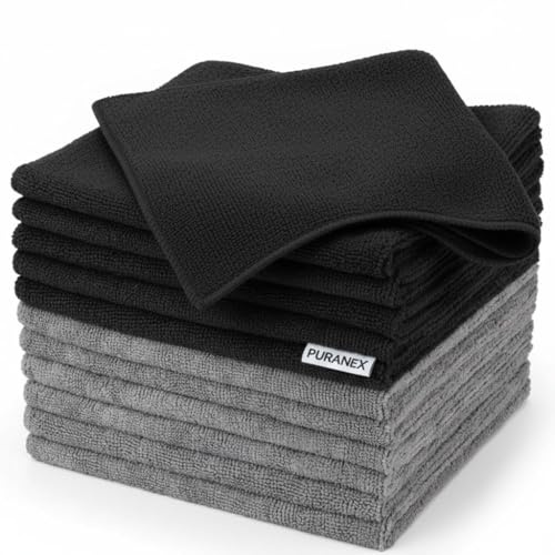 Puranex Microfibre Cloth 32x32cm 12 Pack - Reusable Cleaning Cloths 300 GSM - Washable Duster for Home and Kitchen - Ideal Microfiber Dish Cloths for Dusting and Surface Cleaning (Black/Grey)