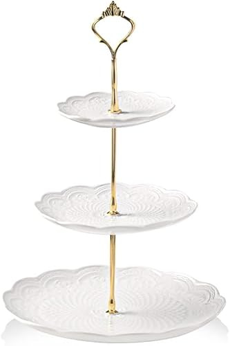 Sweejar Home 3 Tier Ceramic Cake Stand Wedding, Dessert Cupcake Stand for Tea Party Serving Platter(Rose White)