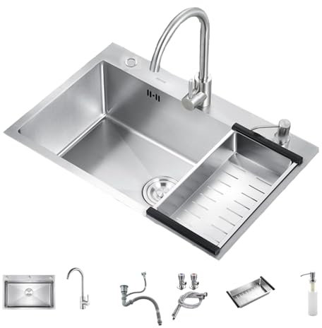 Fregadero de acero inoxidable de una cubeta, moderno fregadero de barra de encastre/bajo encimera, estilo rústico, con grifo, dispensador de jabón, escurridor(60cm/23.6in)