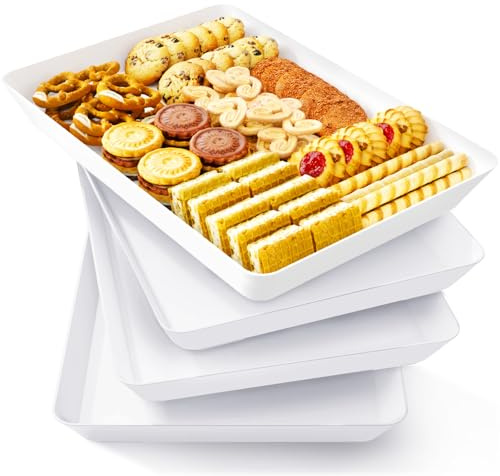 Lifewit 4 Stück Große Servierplatte Kunststoff, 34 x 24 cm/13.5x9.5 Tablett Serviertablett, BPA-frei Servierplatten Set, Wiederverwendbar für Buffets Feiern Picknicks Snacks Frühstück Party, Weiß