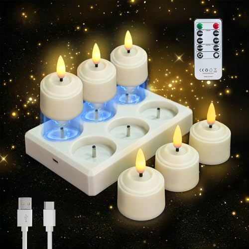 LYPPUL LED Teelichter Wiederaufladbar, 6 Stück Wiederaufladbare Teelichters mit Fernbedienung, LED Kerzen mit Timerfunktion, teelichter LED Aufladbar für Weihnachtsdeko Innen Tischdeko, Party, Zuhause