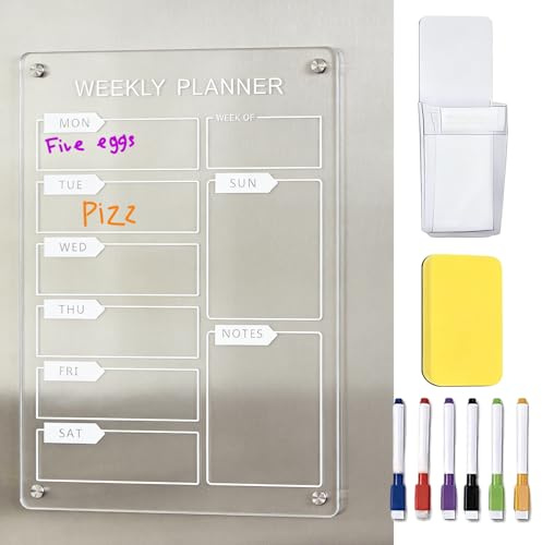 Magnetic Weekly Planner, Clear Dry Erase Calendar with 6 Markers | Pen Holder Magnetic Chalkboard Eraser, Suitable for Kitchen Home Food Planning Memo Reminders