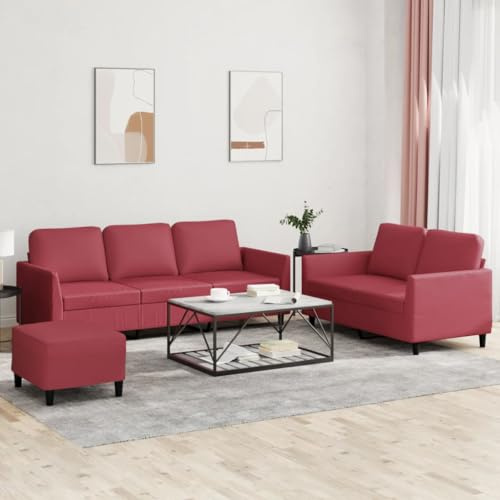HETFTJN 3-TLG. Sofagarnitur Weinrot 2+3-Sitzer Sofa mit Ottomane Kunstleder 200/140 cm Breit Robust & Bequem für Wohnzimmer Esszimmer oder Jugendzimmer