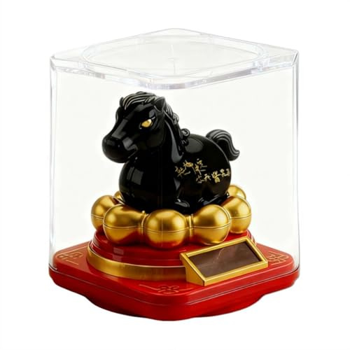 Solar Powered Red horse Statue, Shaking & Waving Head/arm Wealth Feng Shui Decoration, Luck Good Fortune God Sculpture, Automatic Nodding Figure for Office Desk Car Dashboard