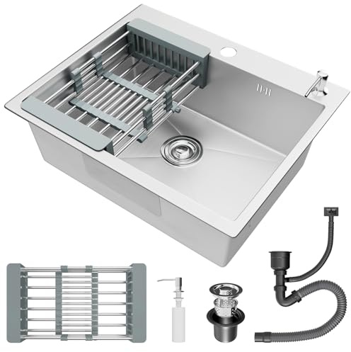 STANEW noxidable Fregadero Cocina 1 Seno 68 x 45cm, Sobre Encimera,con Cesta de Filtro Extensible,Dispensador de jabón,plateado