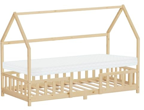 ML-Design Cama Infantil 90x200cm Natural, con Colchón, Protección Anticaída, Techo y Somier, Listones de Madera de Maciza de Pino Lecho Doble Montessori Forma de Casa Mobiliario Juvenil, para Niños