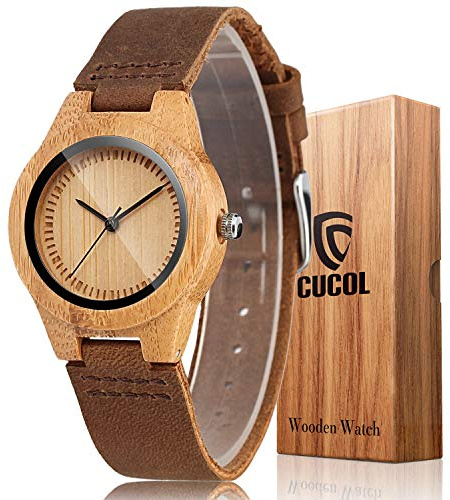 CUCOL Womens Wooden Bamboo Watches Brown Genuine Cowhide Leather Strap Wristwatch with Gift Box
