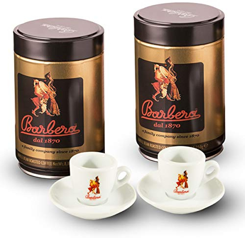 Caffè Barbera - 2 Dosen ganze Bohnen + 2 Espresso Tassen