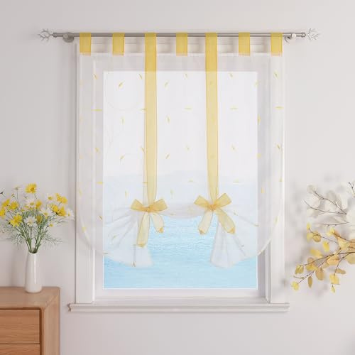 ESLIR Raffrollo mit Schlaufen Raffgardinen Gardinen Küche Gelb 120x140cm | Bindegardine,Transparent,Schlaufenrollo,Vorhänge mit Stickerei,Modern Voile,Fensterrollo 1Stück,Landhaus,Bestickt
