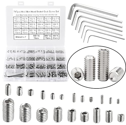 HanTof 747Pcs M2/M2.5/M3/M4/M5/M6/M8 Metric Hex Socket Head Cup Point Set Screws, Allen Head Grub Screws, Internal Hex Drive Headless Set Screws Assortment Kit with 7Pcs Hex Keys, 304 Stainless Steel