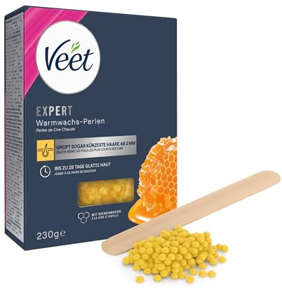 Veet Wachsperlen mit Bienenwachs - Waxing Perlen für elektrische Wachsgeräte oder Wasserbad - 1 x 230 g mit Holzspatel