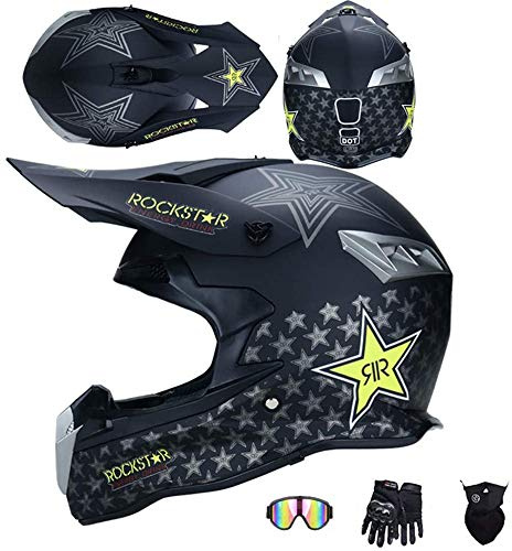 JCLDG Carretera Moto Casco, Negro/Rockstar - Adulto Casco Motocross Enduro MTB con Gafas/Máscara/Guantes, Motocicleta Casco Cross Quad Off Road ATV Scooter, para Hombre Mujer,Negro,L