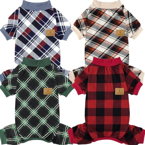 XPUDAC 4 Pack Dog Pajamas for Small Dogs Cats Plaid Doggie Clothes Puppy Onesies Christmas Pajamas Jumpsuits Pet Pjs Shirt Apparel Medium, Red Green Beige Grey
