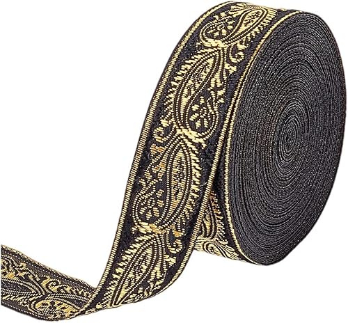FINGERINSPIRE 10m 25mm Schwarz Vintage Jacquardband Ethnischer Stil Gewebte Bordüre mit Blumenmuster Jacquard Goldranke auf Band Bordüre für Heimwerker, Nähen, Basteln, Heimdekoration
