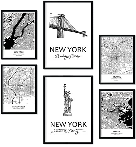 Nacnic Set von 6 Drucke von USA. Poster von Karten und Denkmälern in Schwarz-Weiß für Ihr Zuhause, Geschäft, Büro. Inneneinrichtung im nordischen Stil. Formate A4 und A3. Ohne Rahmen.