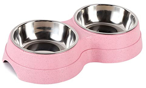 Double gamelle antidérapante et amovible en acier inoxydable 2 en 1 pour chats de petite taille, chiots et animaux de compagnie, etc. Taille S, rose