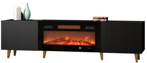 Mirjan24 TV Lowboard Fusbo 180 mit Elektrischem Kamin, Fernsehschrank, Fernsehtisch, Unterschrank, Realistische LED-Flamme, Board, Schrank, TV-Bank (Schwarz)