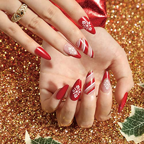 Bufenia Lot de 24 faux ongles de Noël en forme de flocon de neige, amande, courts, brillants, ovales à presser pour femmes et filles (A)