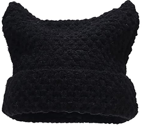 Katzenohren-Beanie, Y2K, gestreift, gehäkelt, Vintage-Grunge-Accessoires, lässige Beanies für Frauen, B#schwarz, Einheitsgröße