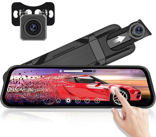 Cámara de Coche 1080P HD Dashcam con 9.66 Pantalla táctil,Espejo retrovisor Frontal y Trasero,G-Sensor,Grabación en Bucle,Monitor de Aparcamiento 24H,Guía de Aparcamiento,Visión Nocturna,Impermeable