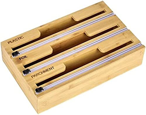 OUTS Plastic Wrap Dispenser With Cutter,Bamboo Cling Food Wrap Organizer Holder,3 In 1 Tin Foil And Parchment Paper Dispenser For Kitchen Drawer,Kitchen Storage Tools,Pleasant63