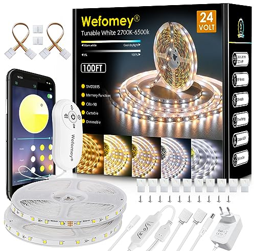 LED Strip Warmweiss 30m, 24V Dimmbar LED Streifen 2700K-6500K Warmweiß Kaltweiß, DIY Flexibel Lichtleiste mit App-Steuerung, RF Fernbedienung, Netzteil, für Schlafzimmer, Party, Innen Heim Deko