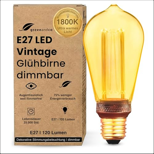 greenandco dimmbare Vintage Design LED Birne zur Stimmungsbeleuchtung | E27 ST64 | gold | 3,5W 120lm | 1800K extra warmweiß | 320° | 230V | flimmerfrei | Edison Glühbirne