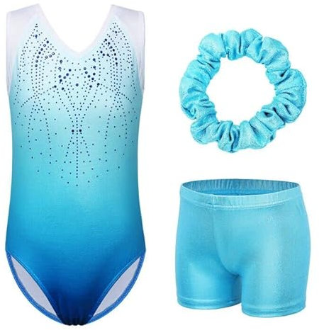 ZNYUNE Mädchen Turnanzug mit hose Haarband Set gymnastikanzug Kinder Shorts trikot turnen Ärmellos/Langarm Kleidung klassisch Turnbody B182 Blue 14A