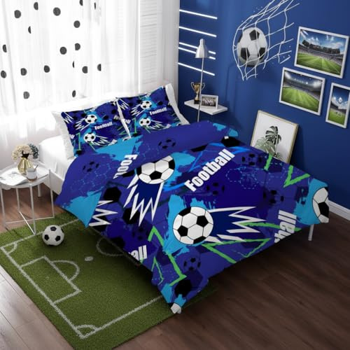 SYHIEGO Housse de Couette 140x200 Enfant Football 3D Parure de Lit 1 Personne Microfibre Literie Réversible Motif avec Fermeture Eclair avec 2 Taies d'oreiller 65x65cm pour Ado Garçon, Bleu