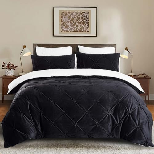 Winter Bettwäsche 220x240cm Flanell Fleece Schwarz Weiß Wendebettwäsche Set Flauschig Plüsch Sherpa Cashmere Touch Pintuck Bettbezug und 2 Kissenbezug 80x80 mit Reißverschluss,Oeko-Tex Zertifiziert