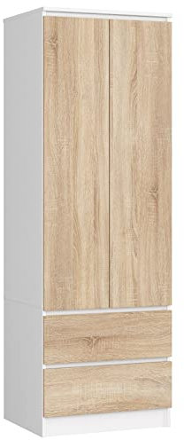 AKORD Kleiderschrank Star S | Zweitürig S 60 cm | 2 Schubladen mit Regalen und Einer Kleiderstange | für Kleiderschränke Schlafzimmer | Laminatplatte 16 mm Farbe Weiß/Sonoma