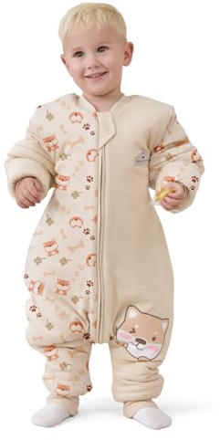MlKAFEN Baby Schlafsack Langarm mit fuBen 3,5 tog, Winter babyhöhe 95-105cm | 100% Baumwolle Kinder-Winterschlafsack, mit abnehmbaren Ärmeln, Doppelreißverschluss für einfachen Windelwechsel,Puppy