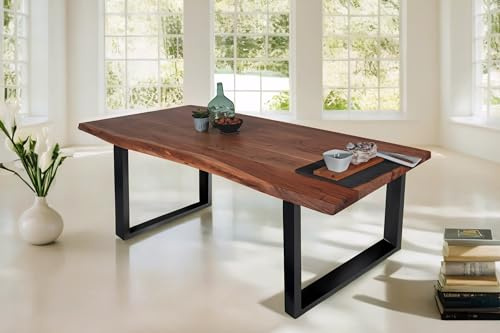 SAM Esstisch 220 x 100 cm Tomaso, Baumkantentisch nussbaumfarben, Akazienholz massiv, U-Gestell aus Metall Schwarz, echte Baumkante
