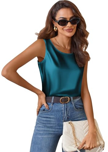 Zeagoo Top in Raso da Donna Elegante Canotta di Seta Basic Blusa con Scollo Rotondo Top Casual Senza Maniche Verde L