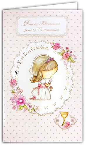 19-640 kort med kuvert uppriktiga grattis till din nattvardsflicka kristna kors katolska blommor rosa vin kopp kalkbägare traditionell illustration - tillverkad i Europa