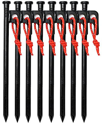 Robuste Zeltheringe, Zeltpflöcke, Campingzeltpflöcke, mit Haken und Loch, mit robuster Tragetasche, für Outdoor-Ausflüge, Wandern, Gartenarbeit, große, harte Böden, felsig, schwarz (schwarz, 8 St