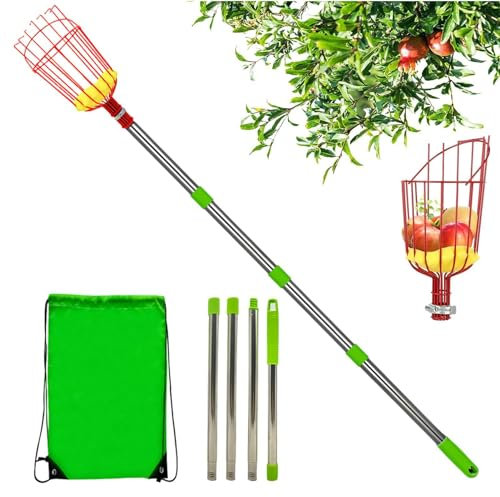 Fruit Picking Basket - Stainless Steel Fruit Picker, Rustproof Telescopic Handle | Portable Lightweight Fruit Picker with Basket, High Altitude Picker for Apricot, Lemon, Plum, Grapefruit, Orange