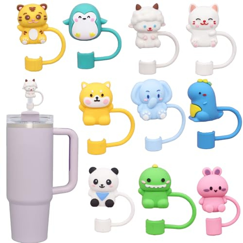 10 Pieces Reusable Silicone Straw Covers for Stanley Cups - Adorable Cartoon Design, Dust-Proof Straw Tips (10mm) for Enhanced Hygiene