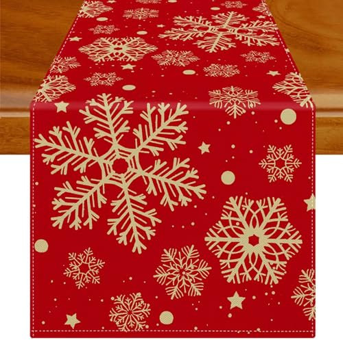 Jayusaror Tischläufer Weihnachten Rot und Gold Tischdecke Schneeflocken Weihnachtstischläufer Weihnachts Tischläufer Tischdeko für Urlaub Party 40 x 140 cm