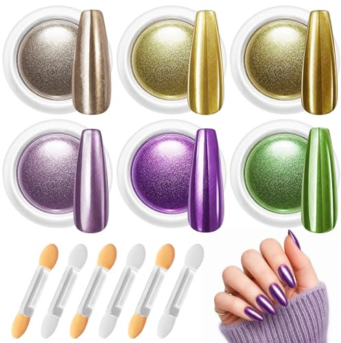 Ysimple Chrome Nail Powder, 6 Farben Chrome Pulver Nägel mit Spiegeleffekt, Metallic Chrom Pulver Laser Chromes Puder, Cromepulver Nägel für Nail Art Dekoration