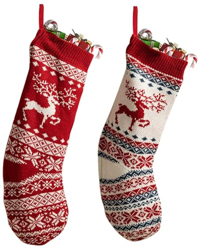 IHCEMIH 2 Stück Weihnachtsstrumpf, Stricken Rot Nikolausstrumpf für Weihnachtsdeko Ren Nikolausstiefel zum Befüllen Weihnachtsocken für Weihnachten Kamin Deko Geschenke