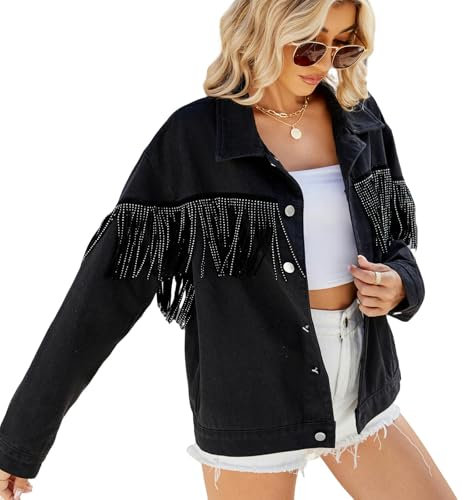 EGZNPDZU Jeansjacke Damen Damen Denim Jacke, Gewaschene Nieten Fransen Denim Jacke Mantel, Casual Knopf Mit Taschen Langarm Denim Jacke Top Schwarz-Schwarz-XL